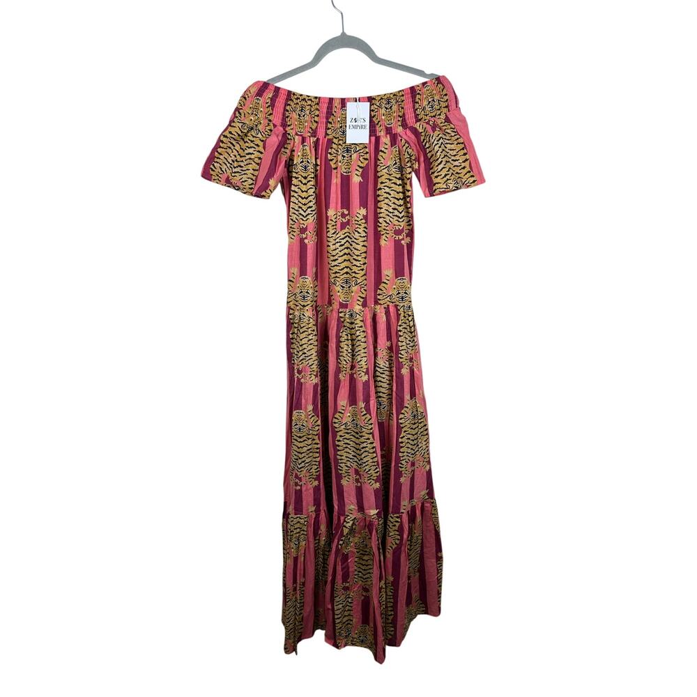 Zoey's Empire Maxi Dress Women XS Pink NWT Tiger Print Off-Shoulder Smocked